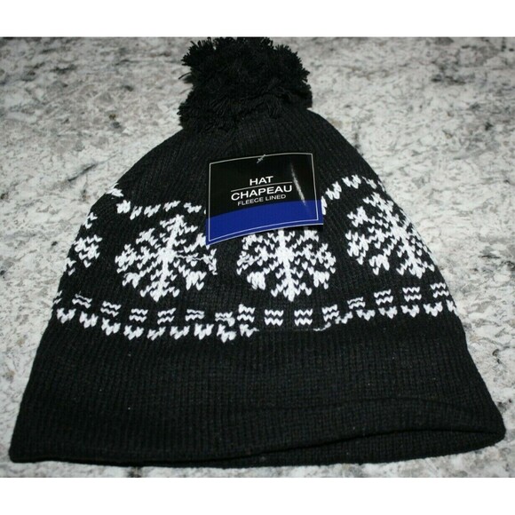 KNIT HAT BEANIE FLEECE LINED WINTER COLD WEATHER BLACK / WHITE KKNIT NWT CHAPEAU - Picture 1 of 2